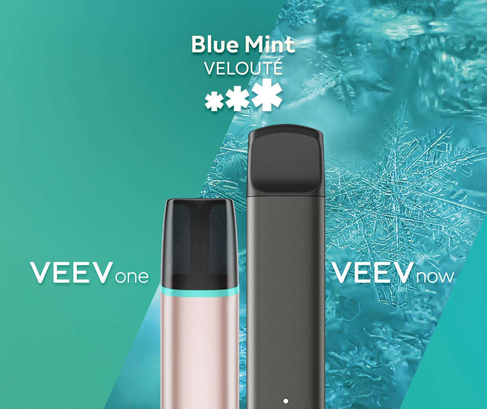 Un appareil à capsule VEEV ONE et un appareil jetable VEEV NOW, tous deux en saveur Blue Mint.